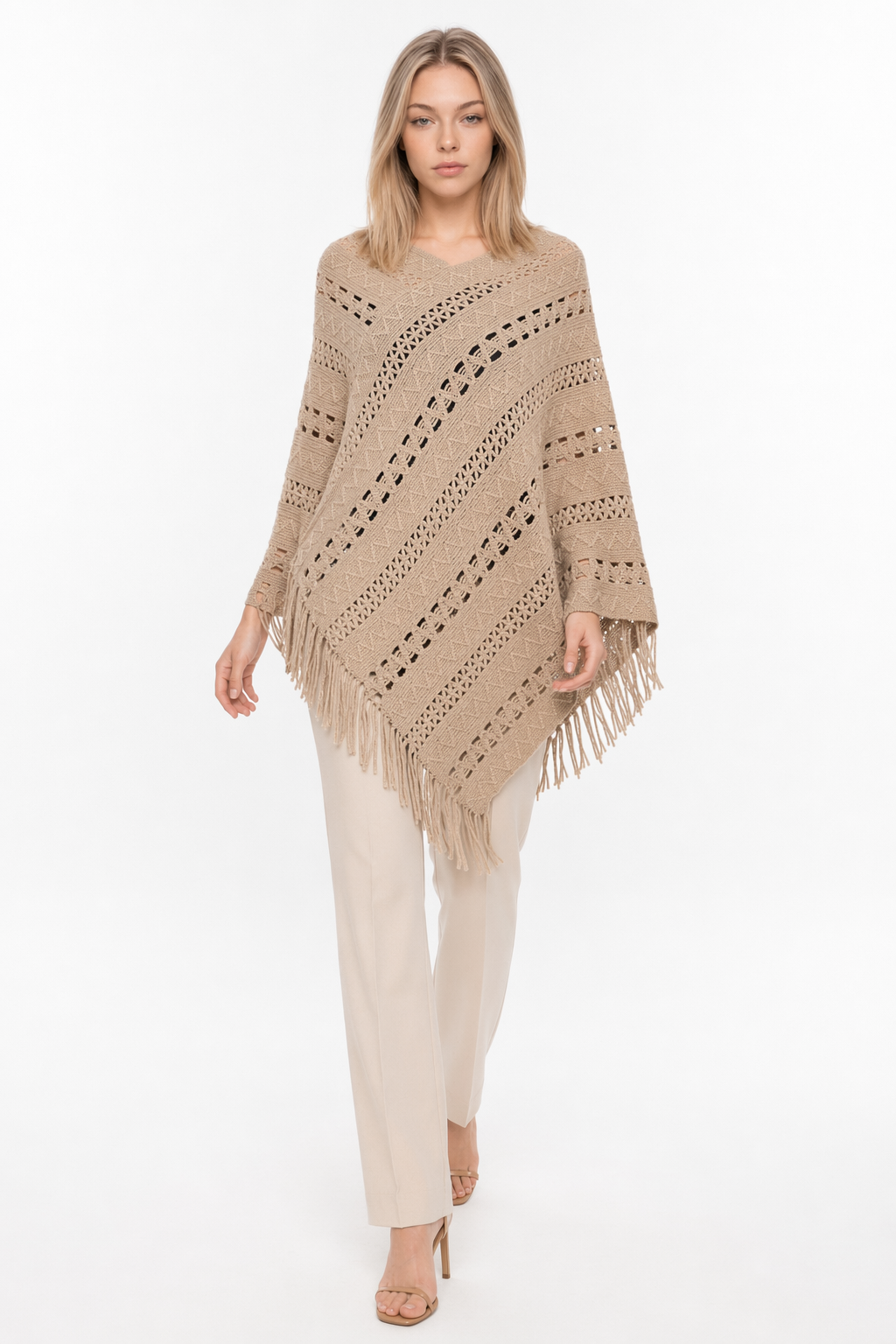 Knit Fringed Poncho for Women Khaki