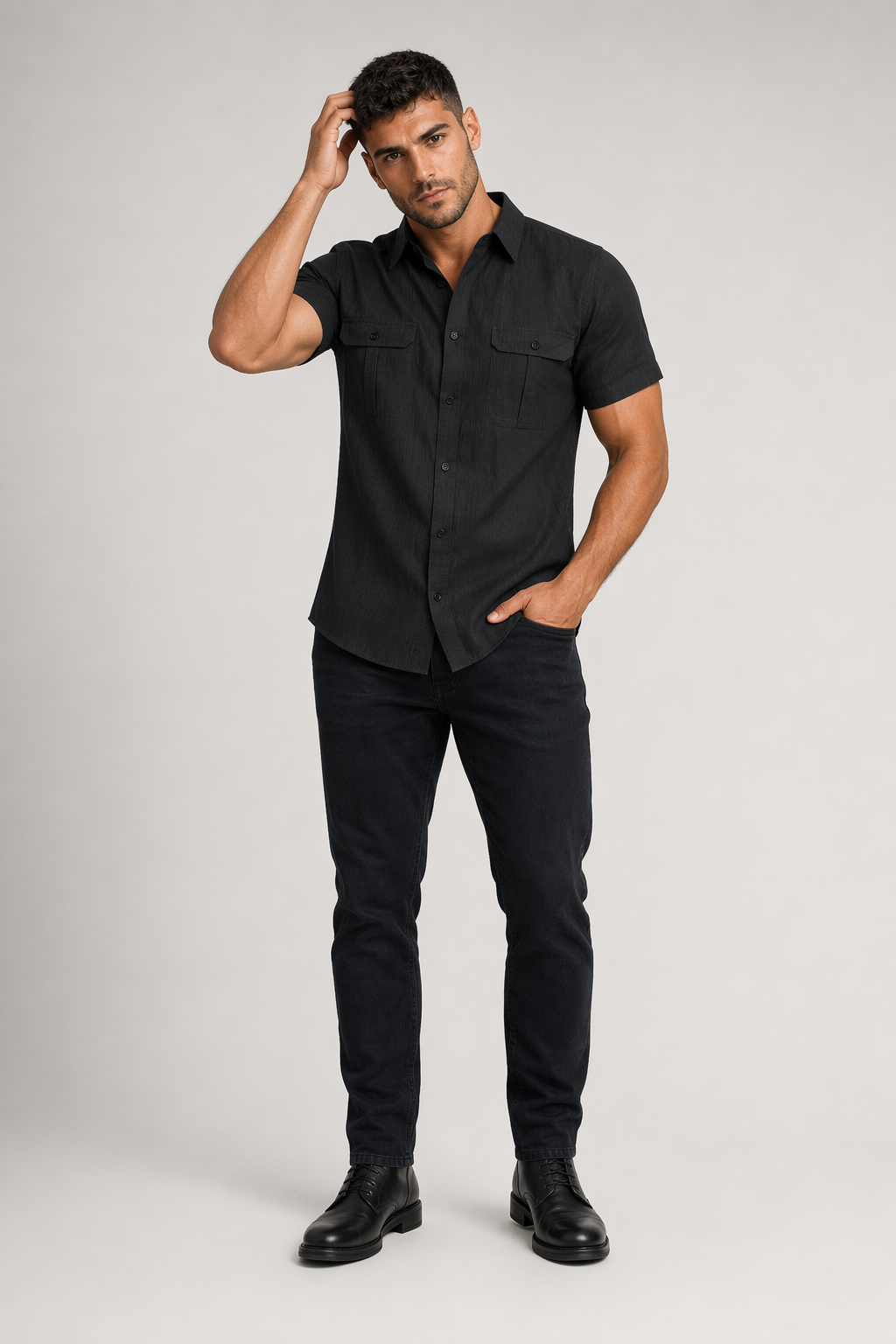 Linen Short-Sleeve Summer Shirt for Men BLACK