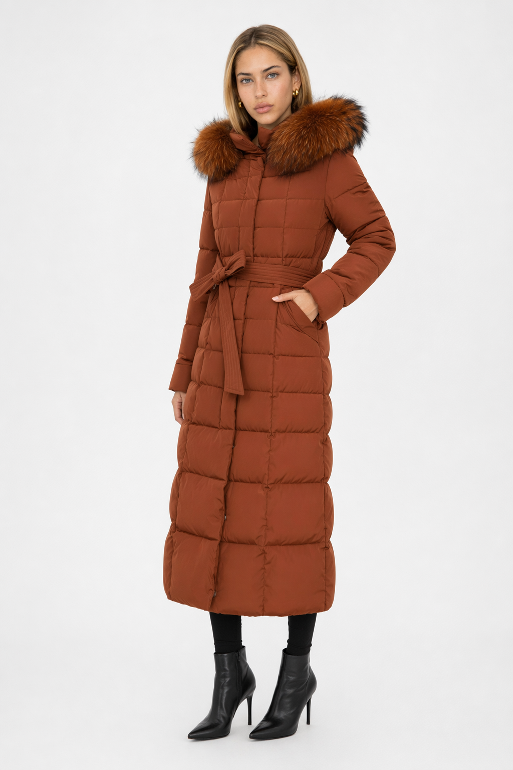 Long Coat for Women with Detachable Faux Fur Hood Brown