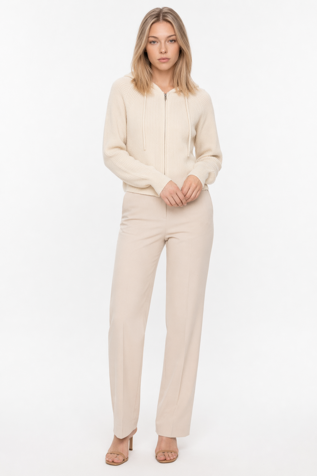 Hooded Zip-Up Cardigan for Women Beige
