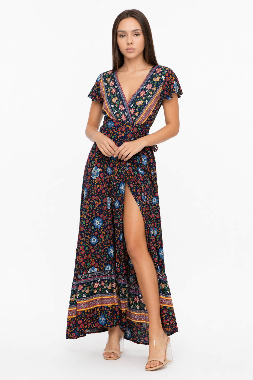 Floral Maxi Dress with V Neck and Wrap Design for Women Navy