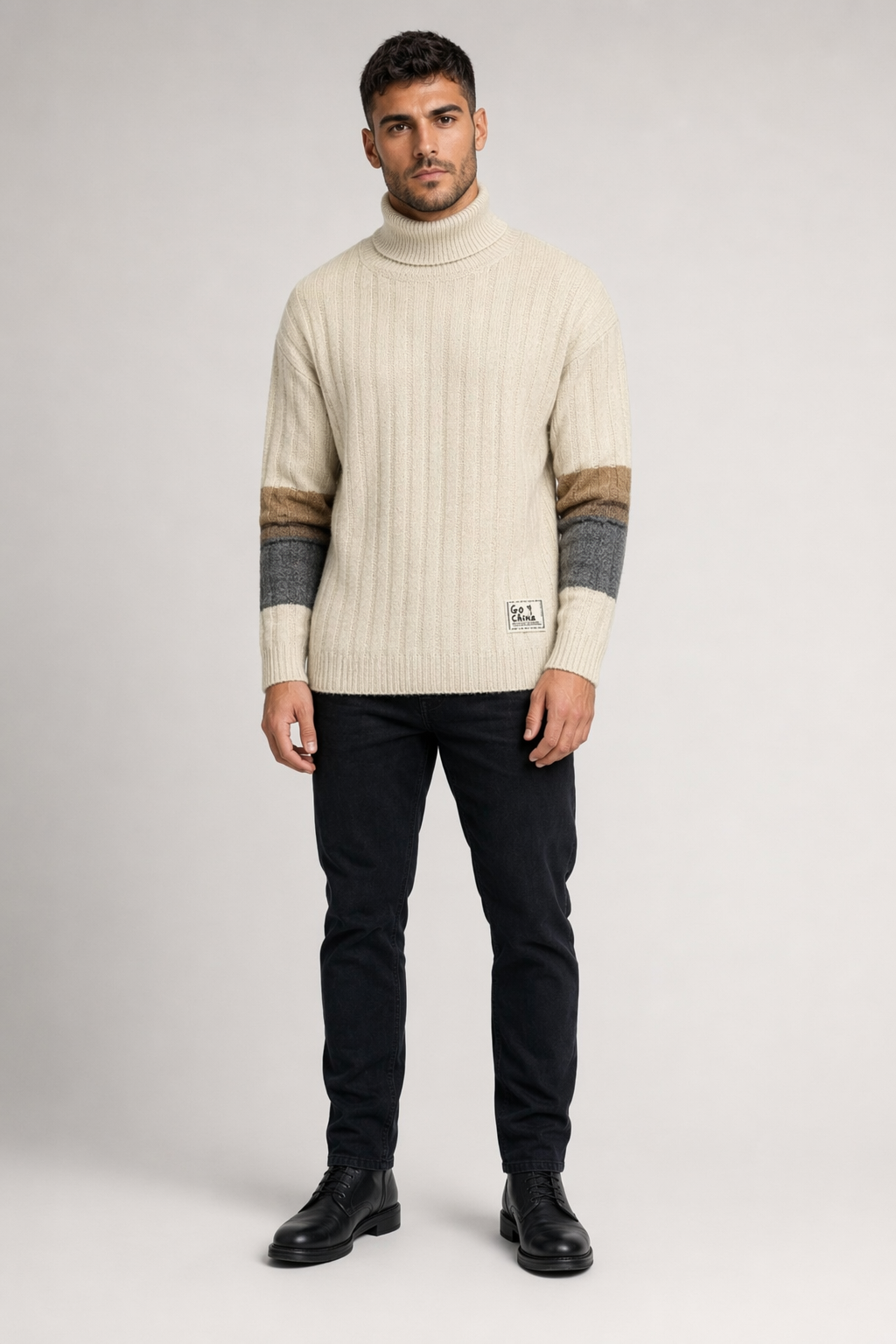 Stripe Sleeve Men's Turtleneck Sweater for Casual Wear Beige