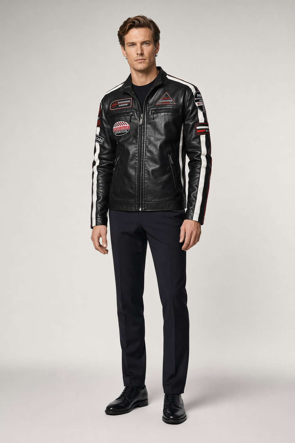 Vegan Leather Motorcycle Jacket with Embellishments for Men Black