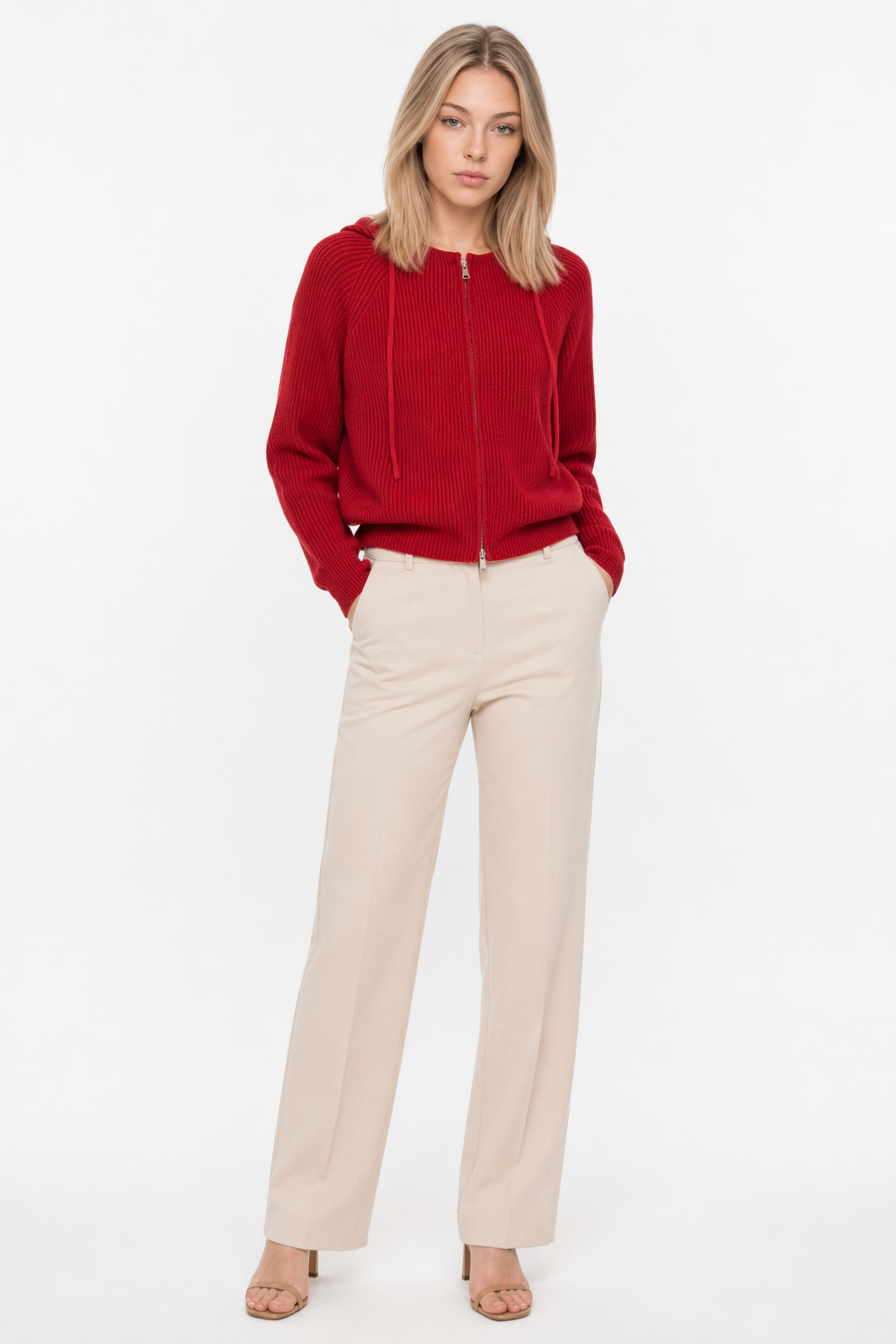 Hooded Zip-Up Cardigan for Women Red