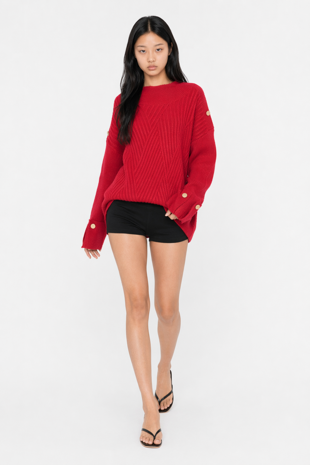 Button-Detailed Women's Sweater with a High Neckline Red