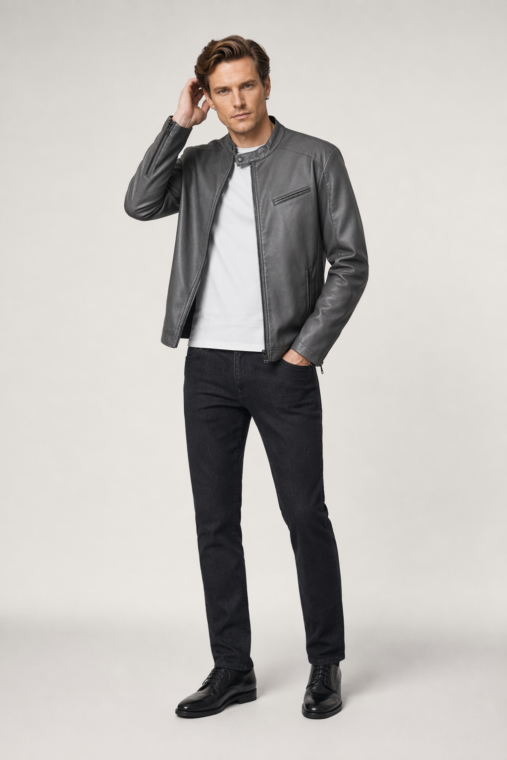 Vegan Leather Biker Jacket with Round Neck Zipper for Men Gray