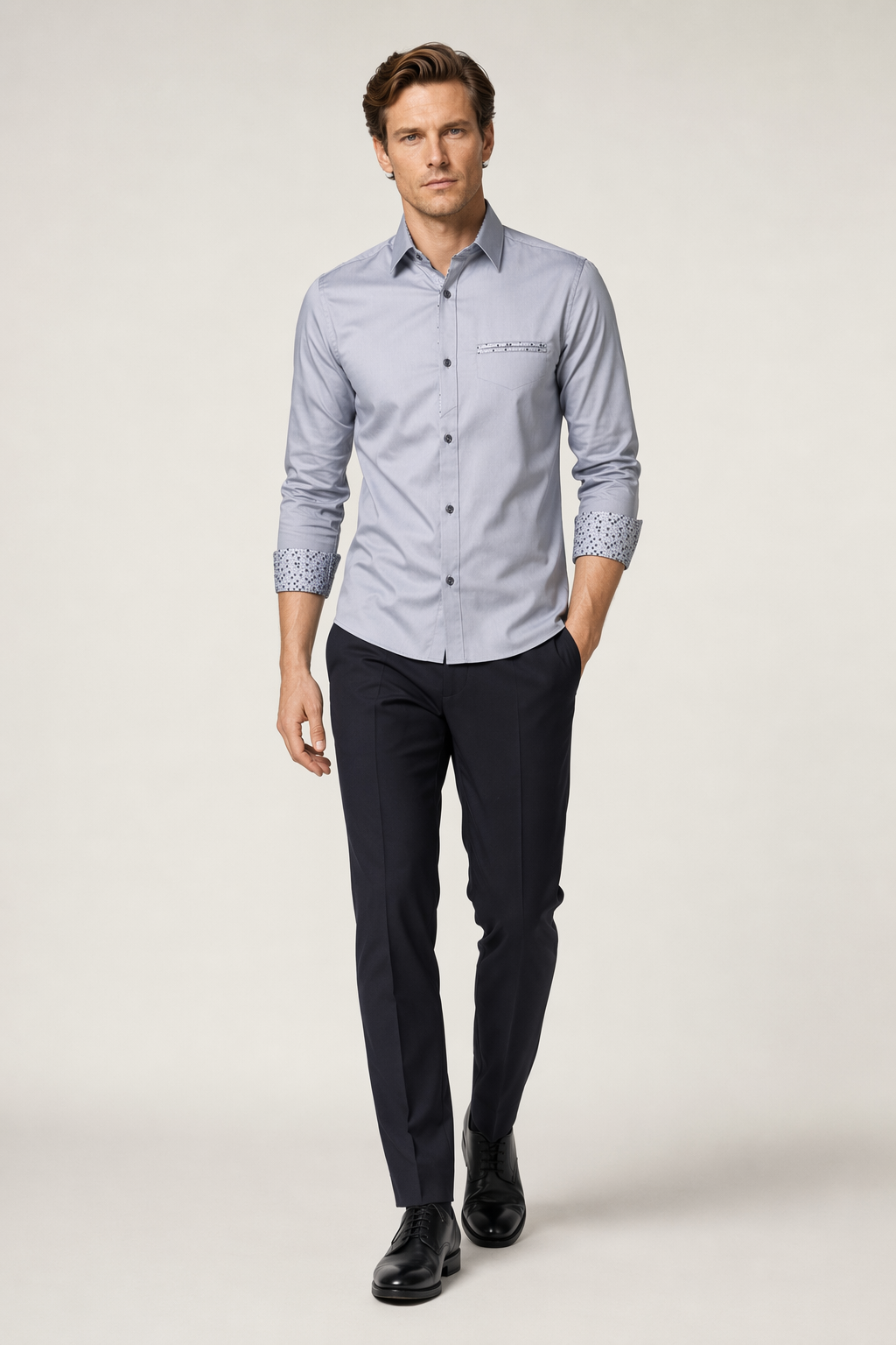 Men's Button-Up Shirt with Unique Pocket and Sleeve Accents Gray