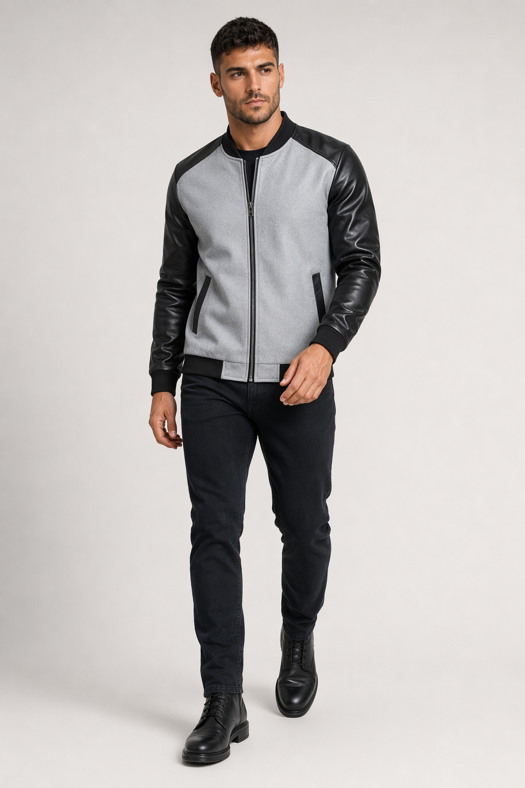 Vegan Leather Sleeves Men's Bomber Jacket Gray