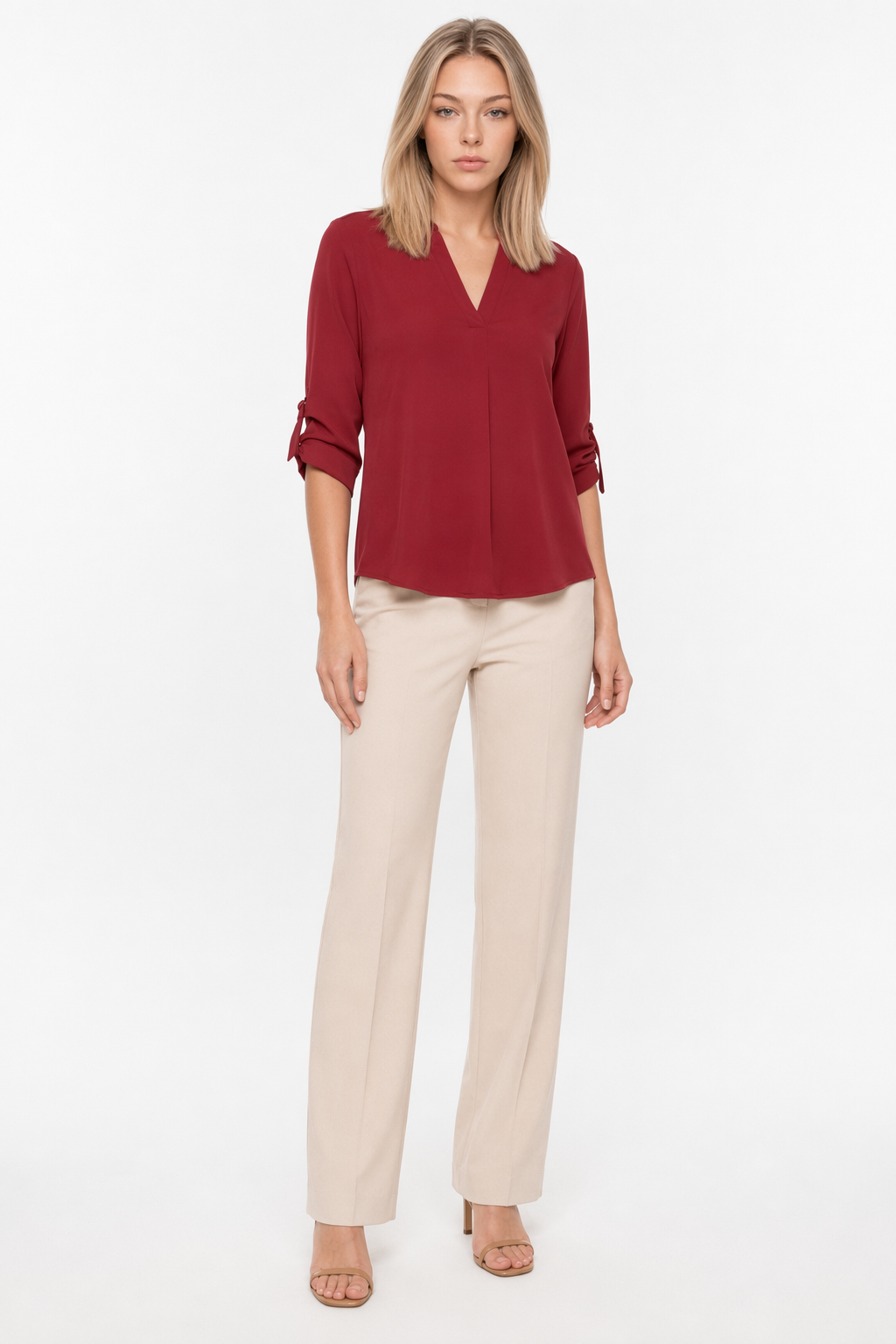 Quarter Sleeve Women's Top with a V Neckline Red