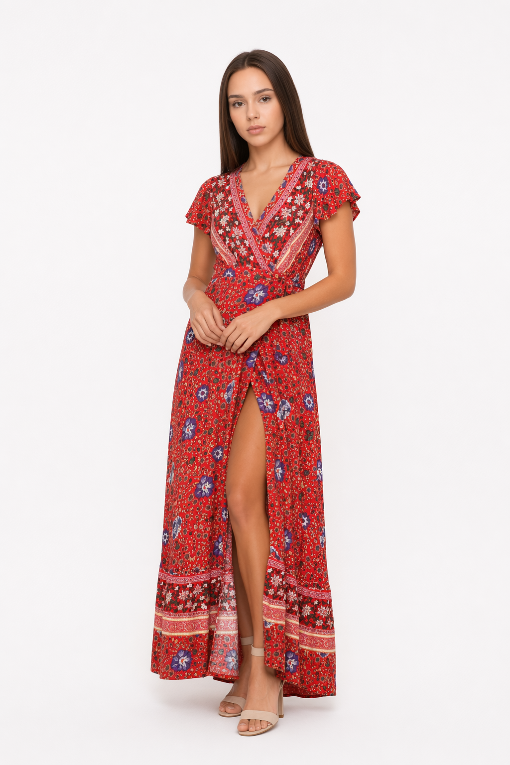 Floral Maxi Dress with V Neck and Wrap Design for Women Red