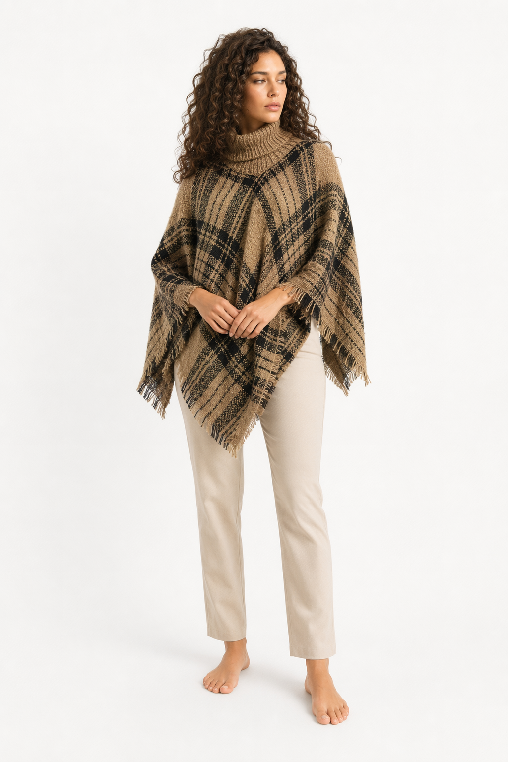 Turtleneck Poncho for Women Khaki