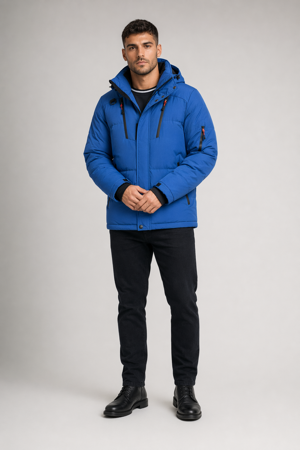 High Collar Men's Puffer Jacket with Detachable Hood Blue