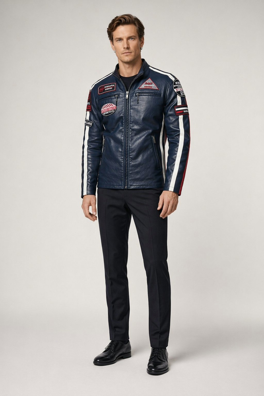 Vegan Leather Motorcycle Jacket with Embellishments for Men Navy