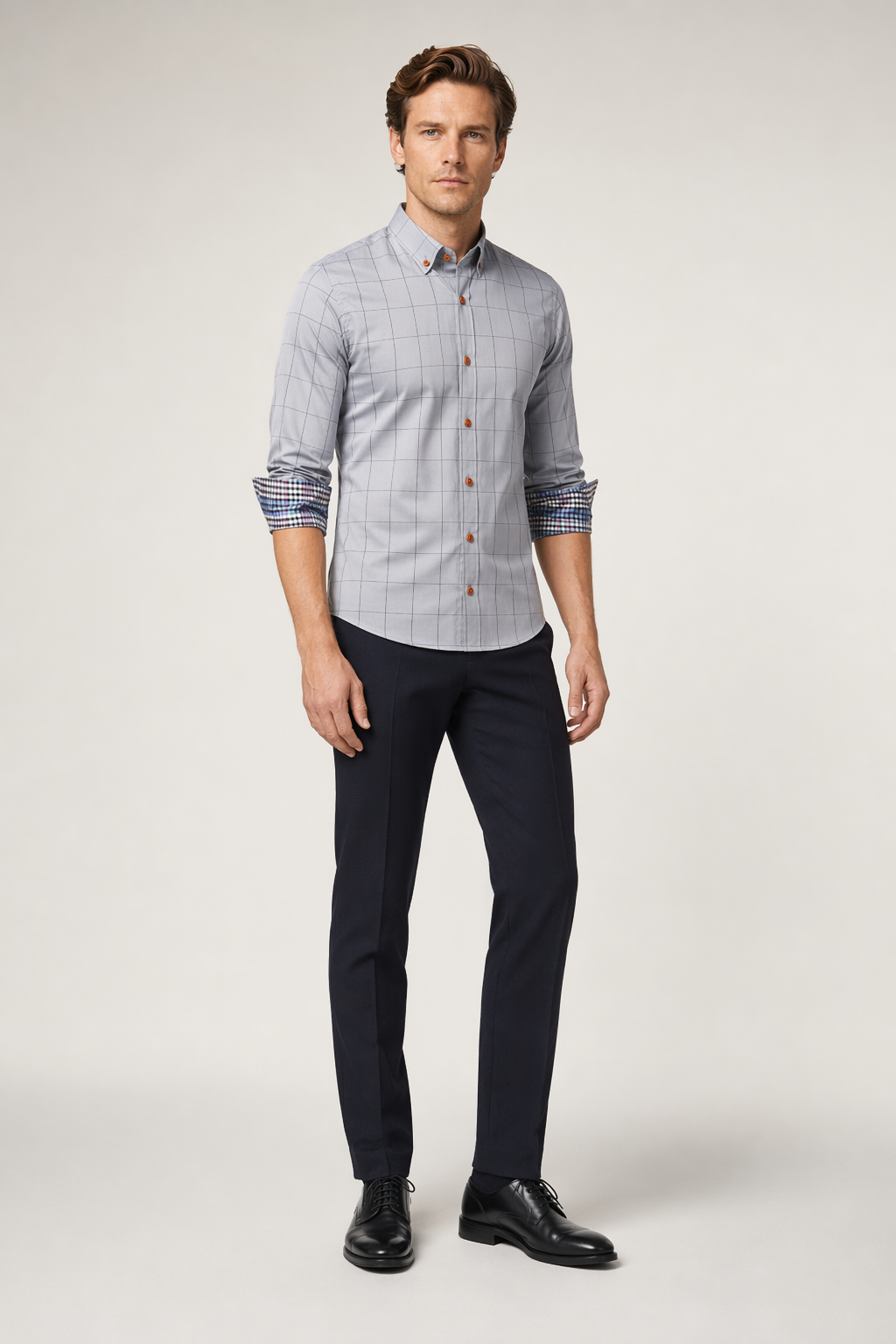 Long Sleeve Plaid Shirt for Men with Unique Inner Accents Gray
