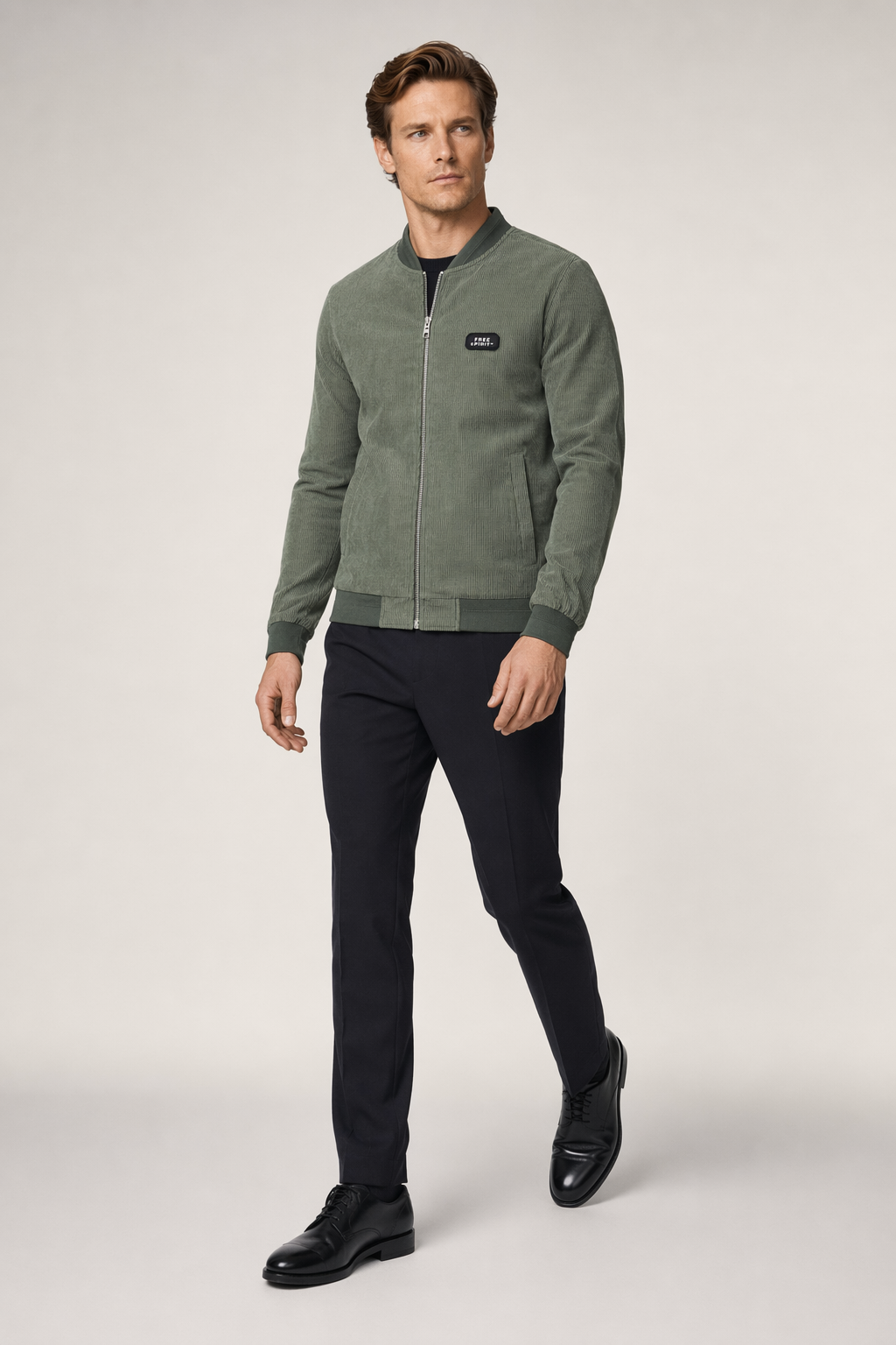 Winter Jacket with Elbow Patches and Zippered Collar for Men Green