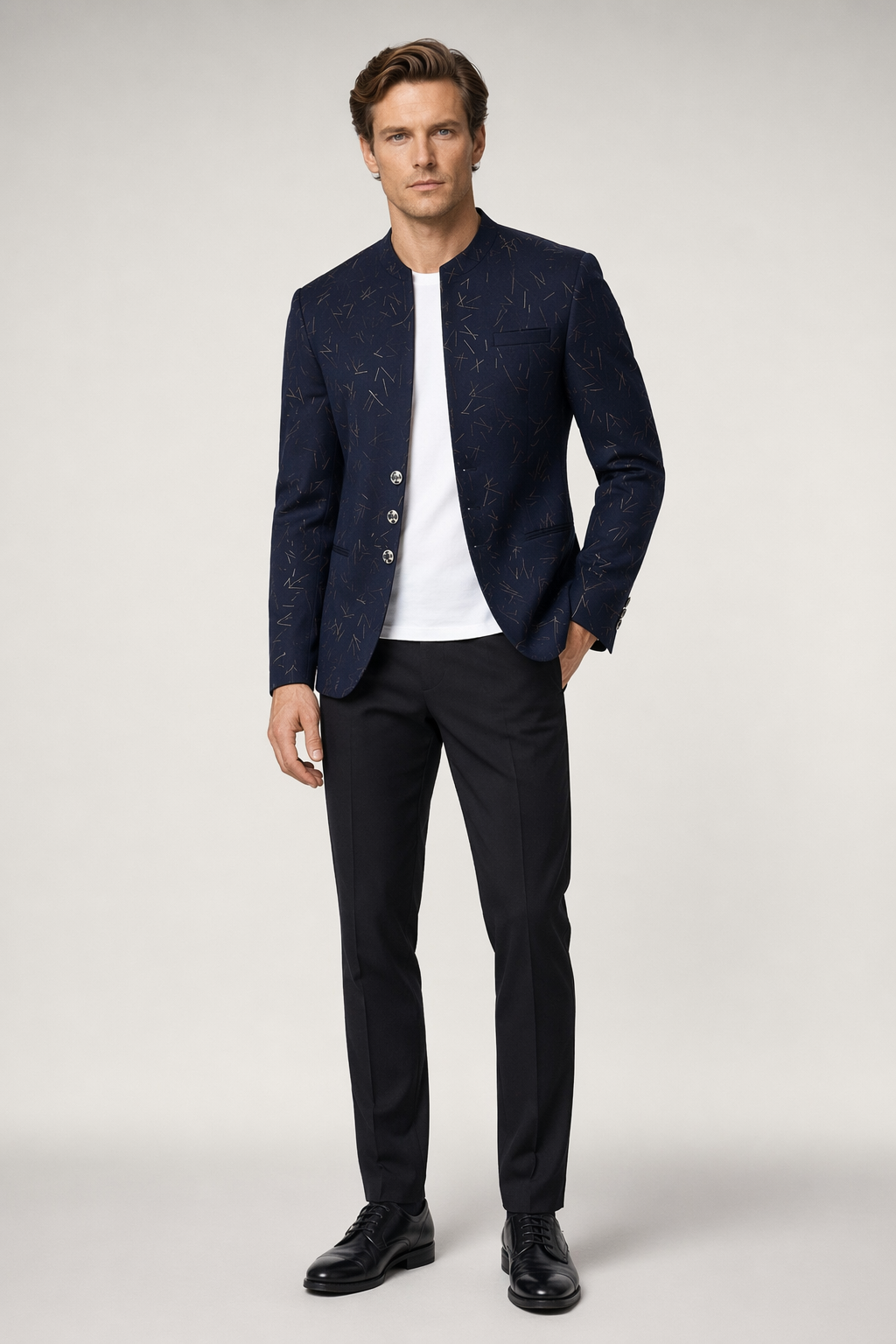 Slim Fit Circular Collar Patterned Men's Blazer Blue