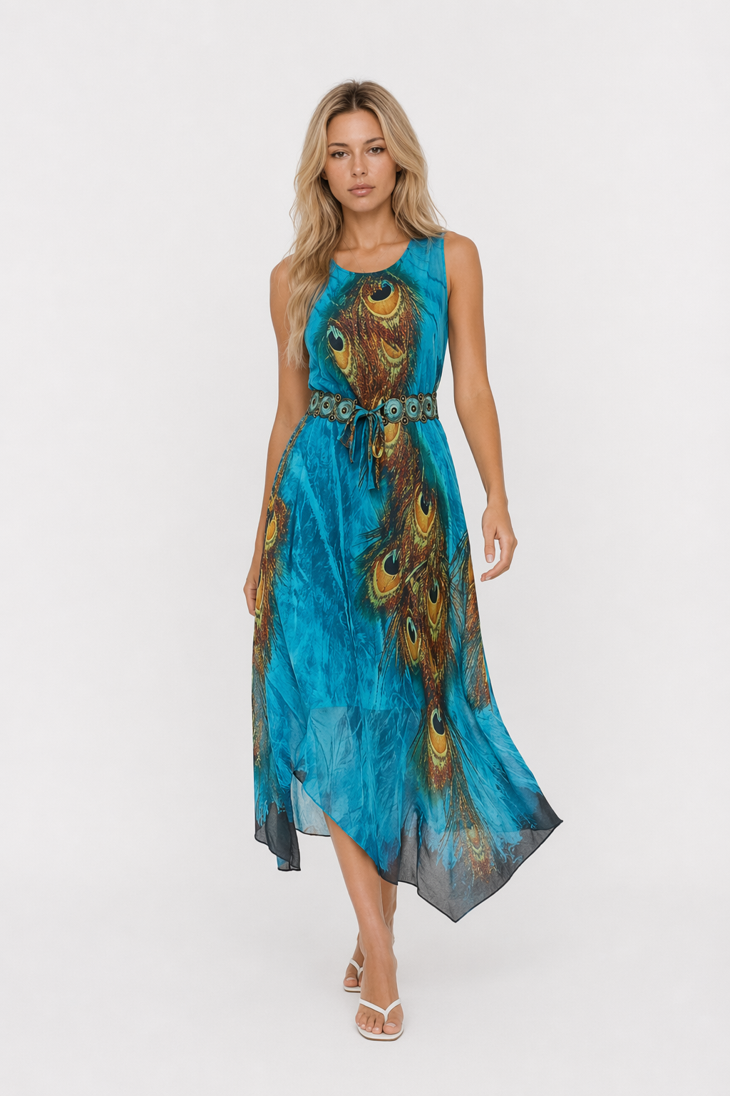 Peacock Sleeveless Dress with Long One Piece Design Default