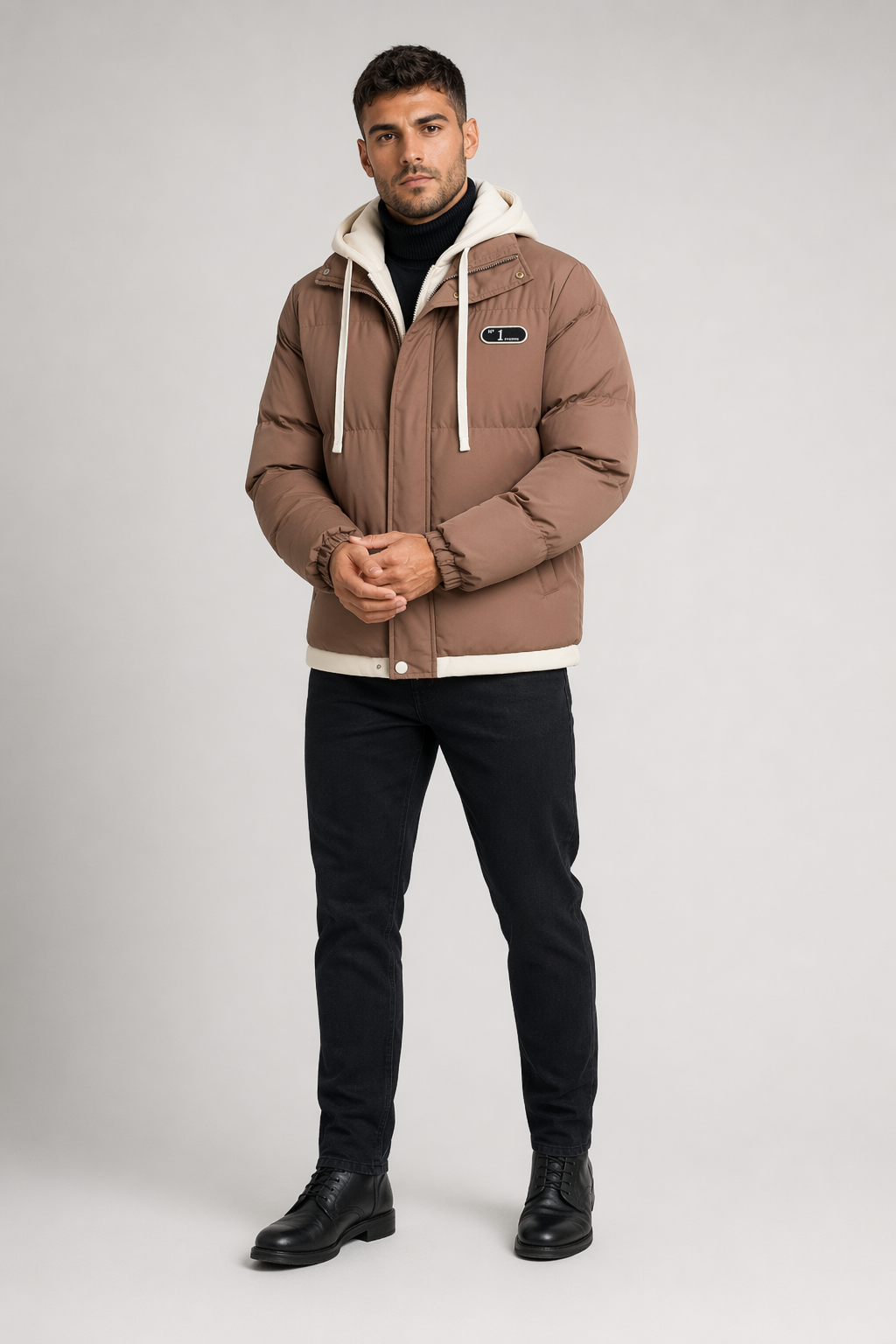 Layered Appearance Men's Hooded Puffer Jacket Coffee