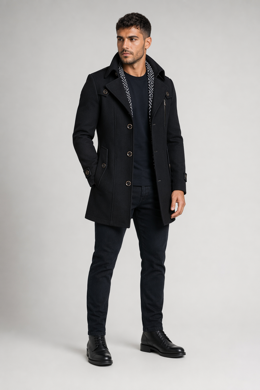 Layered Collar Mid Length Button Front Coat for Men Black