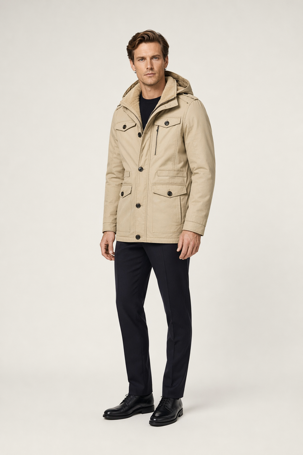 Hooded Coat with Military-Inspired Design for Men Khaki
