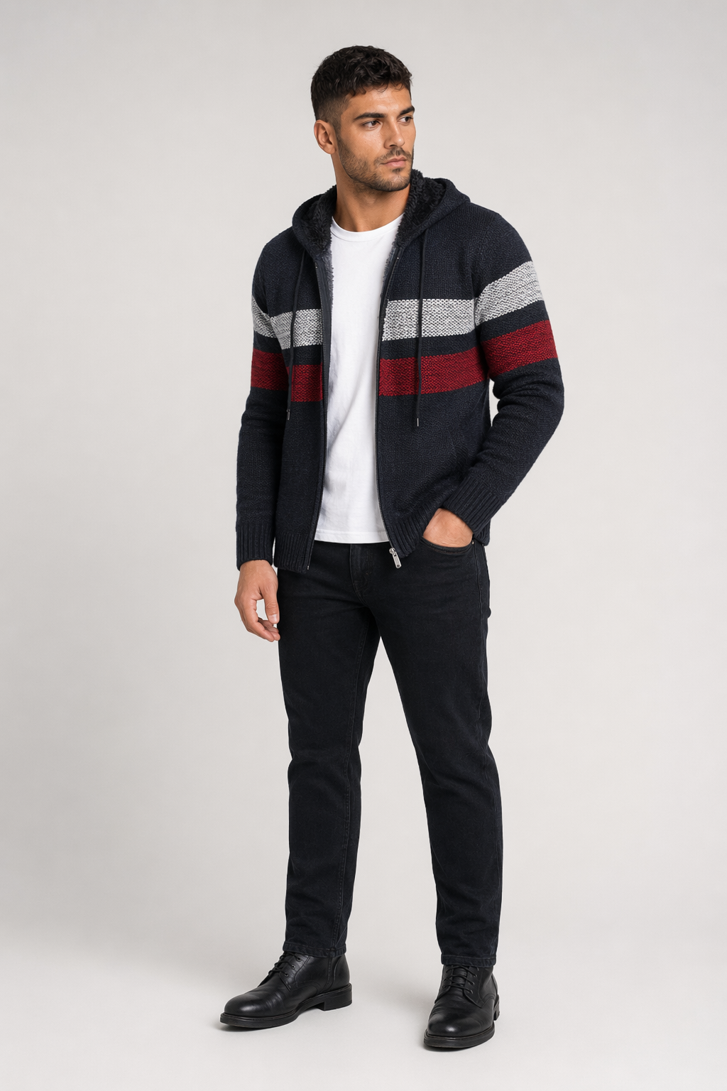 Hooded Men's Striped Knitted Sweater Navy