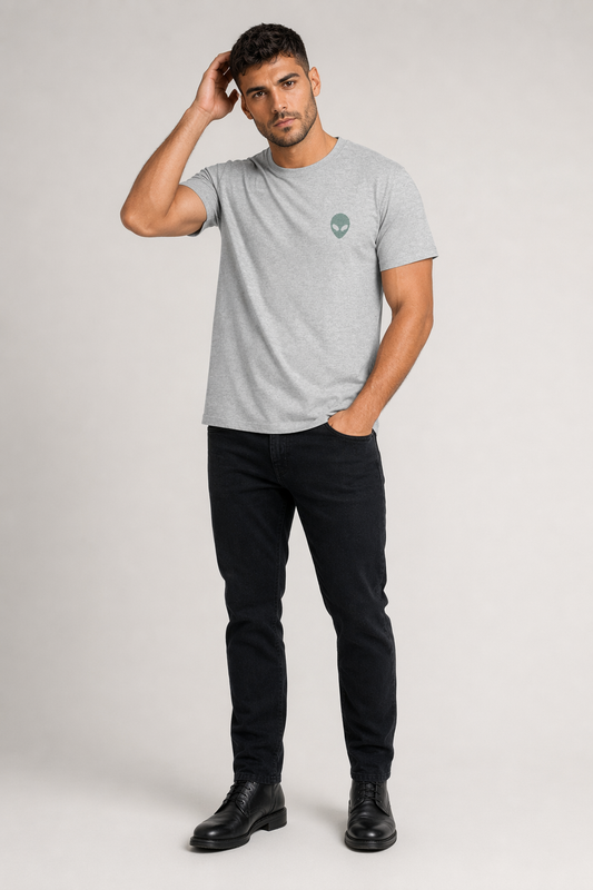 Graphic T-Shirt Featuring an Extraterrestrial Back Design Sport Grey