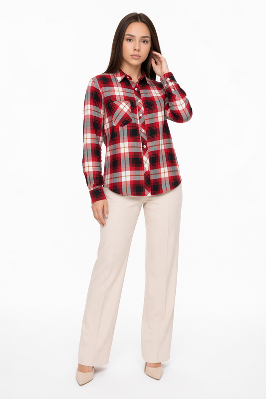 Casual Plaid Long Sleeve Shirt for Women Red