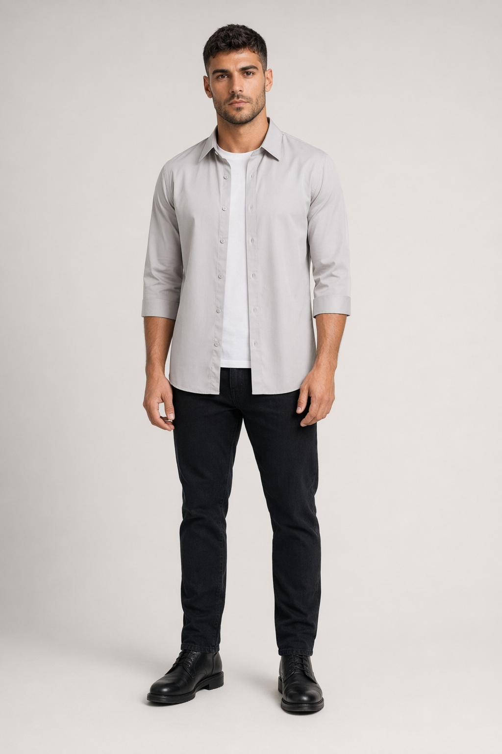 Button-Up Shirt for Men with Three-Quarter Sleeves Gray