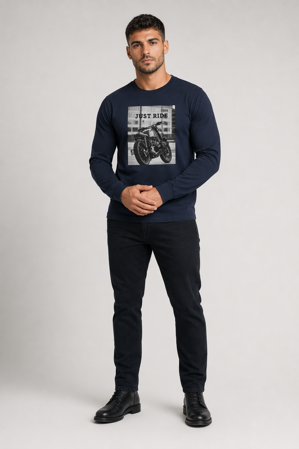 Men's Long Sleeve Motorcycle Graphic T-Shirt Navy