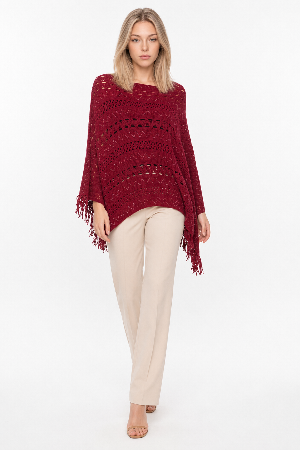 Knit Fringed Poncho for Women Wine