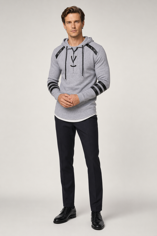 Pullover Hoodie for Men with Faux Leather Accents and Lace-Up Design Light Gray
