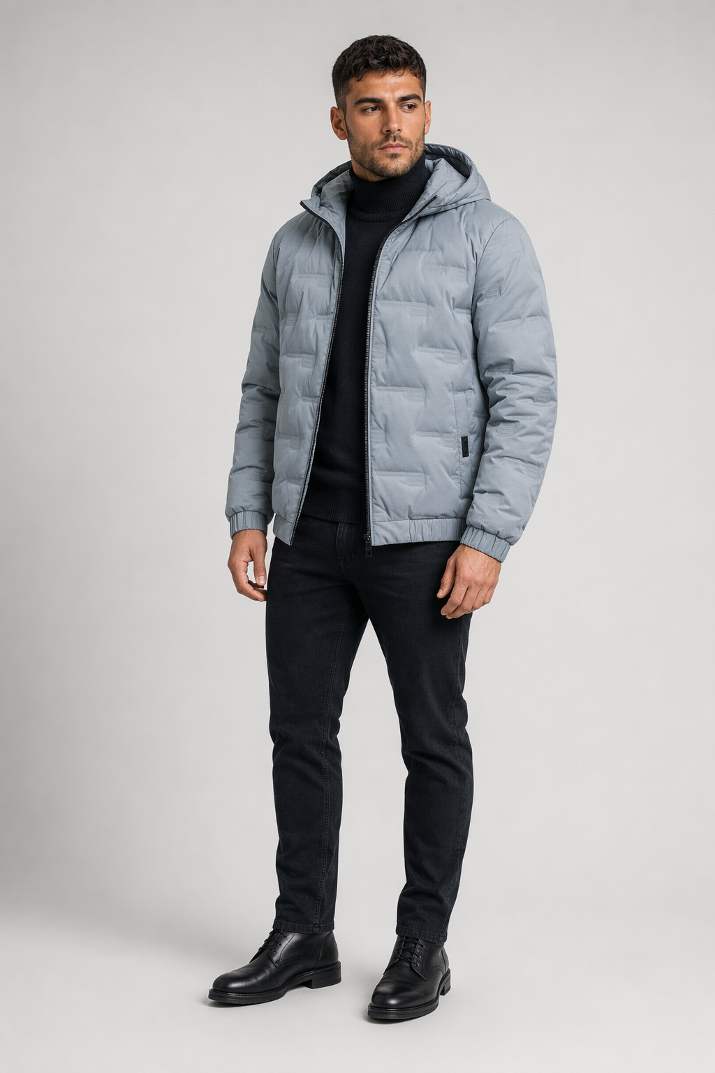 Hooded Puffer Jacket for Men with Zipper Closure Blue
