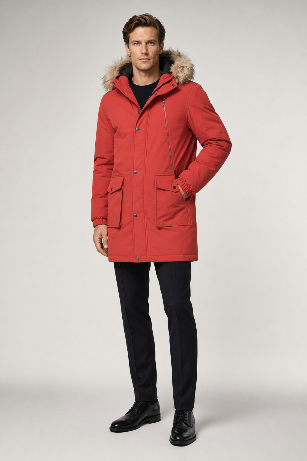 Long Parka Jacket for Men with Faux Fur Hood Red
