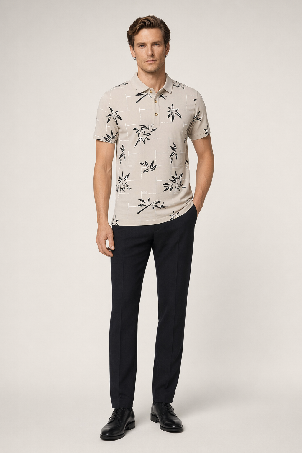 Polo Shirt for Men with Floral Patterns Beige
