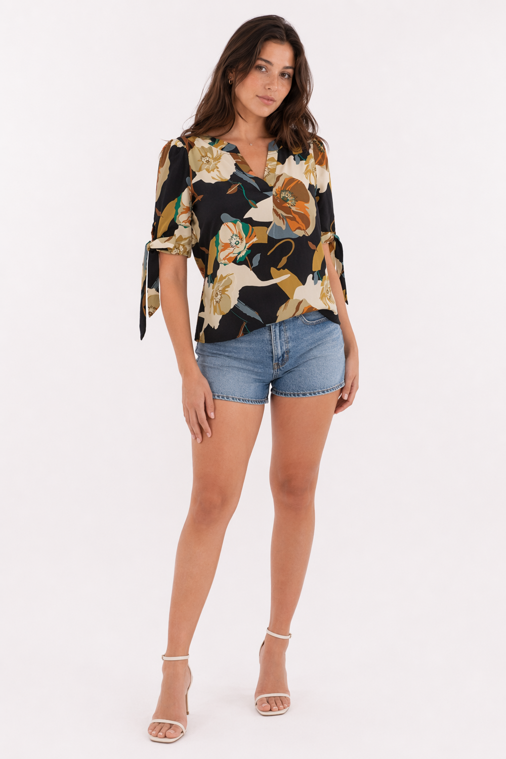 Summer Floral V Neck Top for Women with Vibrant Colors Black