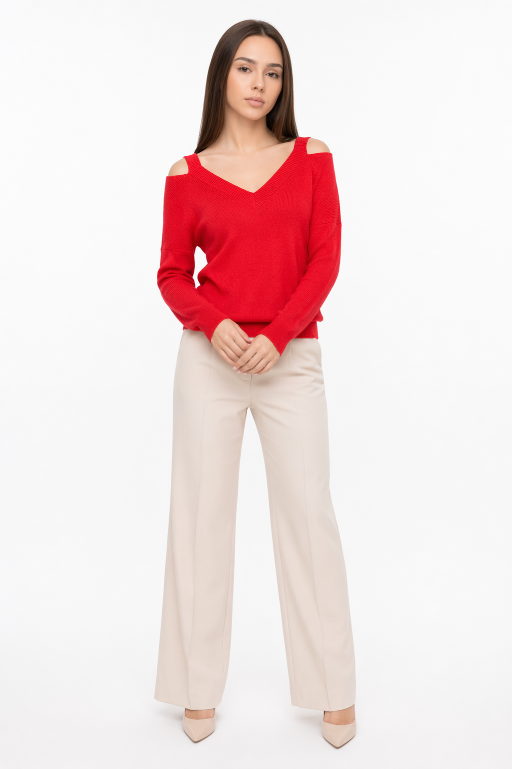 Cut V-Neck Sweater for Women Red
