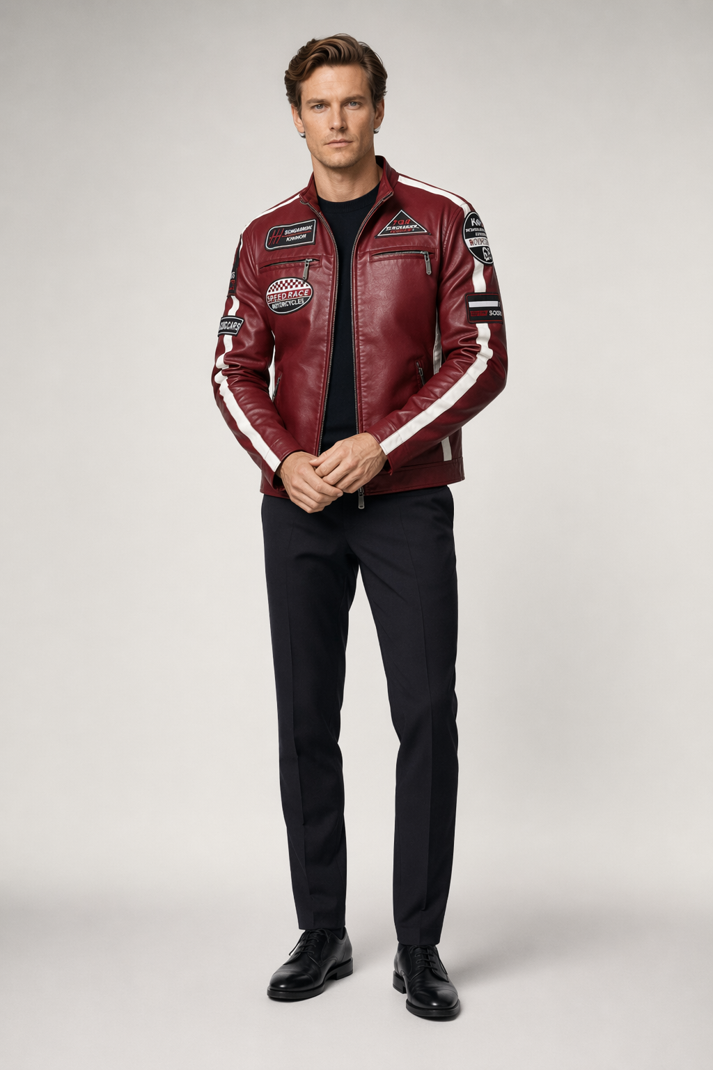 Vegan Leather Motorcycle Jacket with Embellishments for Men Red