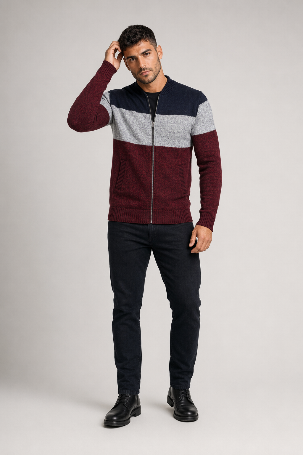 Men's Zip-Up Colorblocked Cardigan Wine