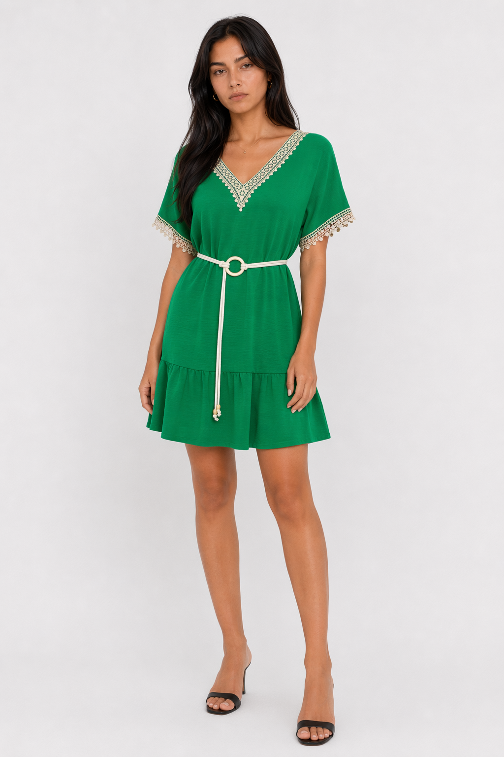 Lace Detailed Flowy V-Neck Dress Green