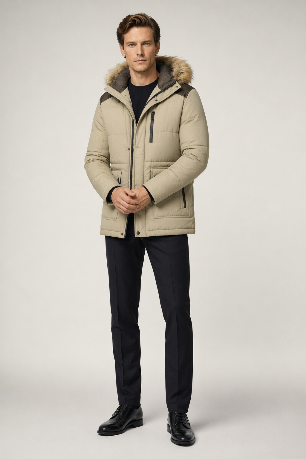 Winter Hooded Men's Jacket Beige