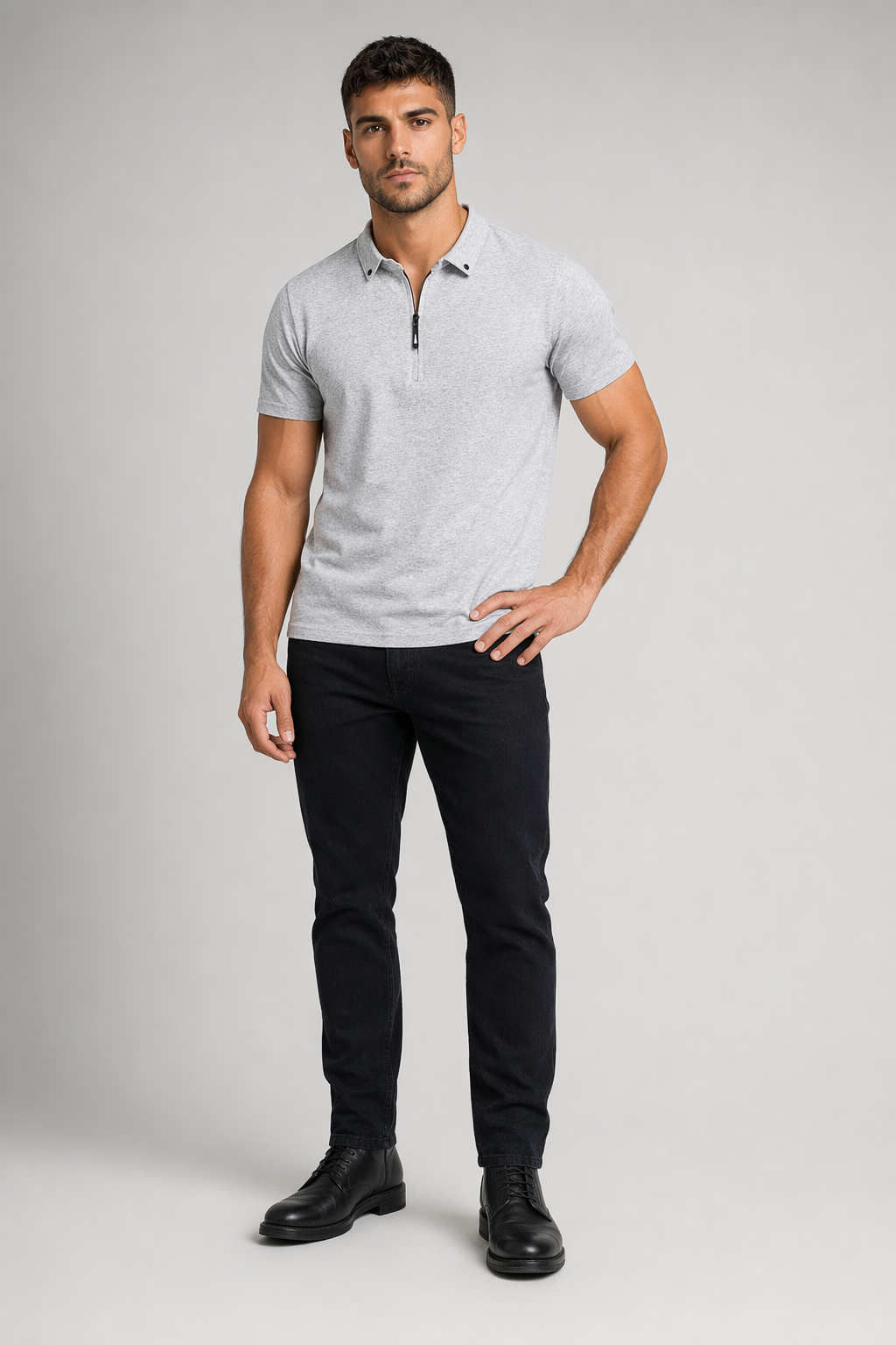 Half-Zip Polo Shirt for Men featuring Collar Embellishments Light Gray