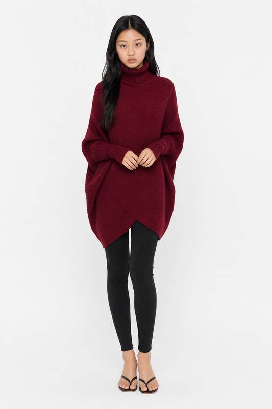 Turtleneck Batwing Sweater for Women Red