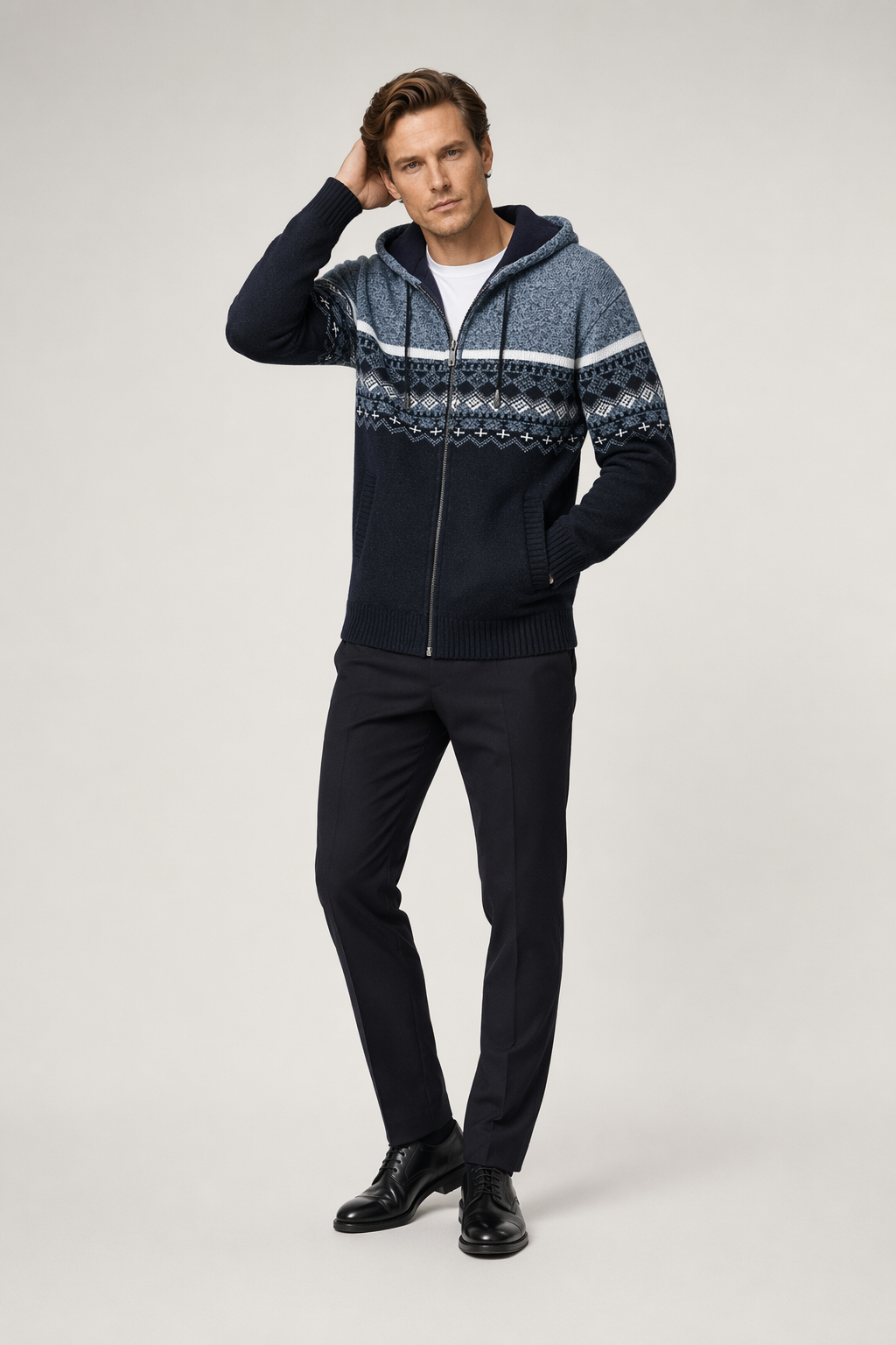 Printed Zip-Up Hooded Jacket for Men Blue
