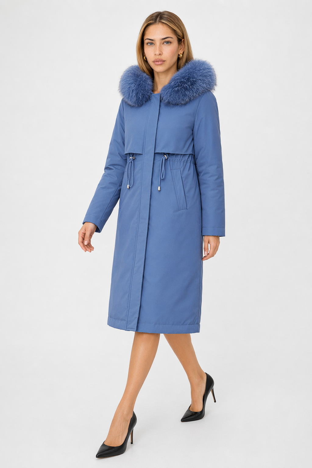 Detachable Faux Fur Lined Women's Long Coat with Hood Blue