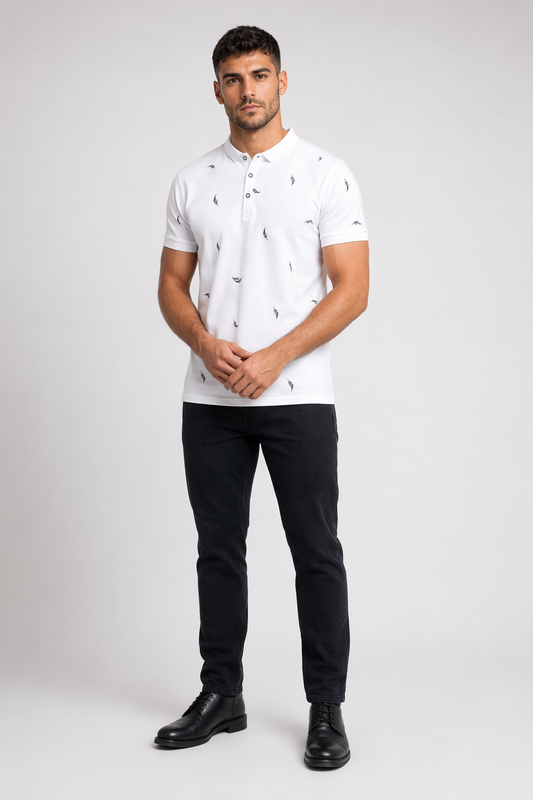 Feather Print Men's Polo Shirt - Short Sleeve White