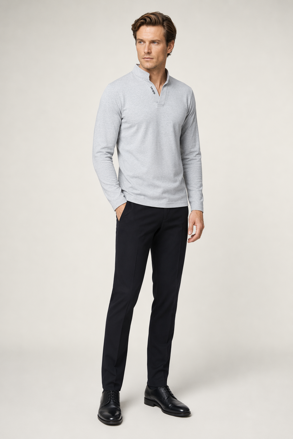 Long Sleeve V-Neck Casual Men's Shirt Gray