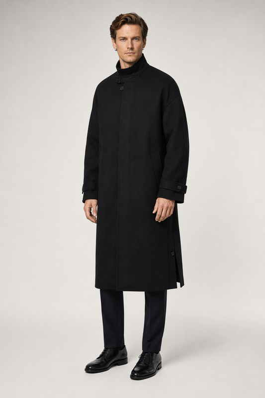 Long Men's Coat Featuring Buttoned Slits Black