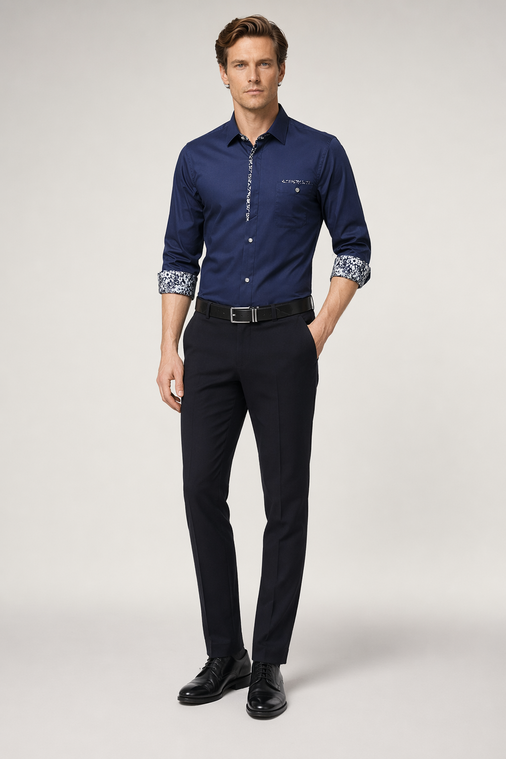 Long Sleeve Floral Button-Up Shirt for Men Navy