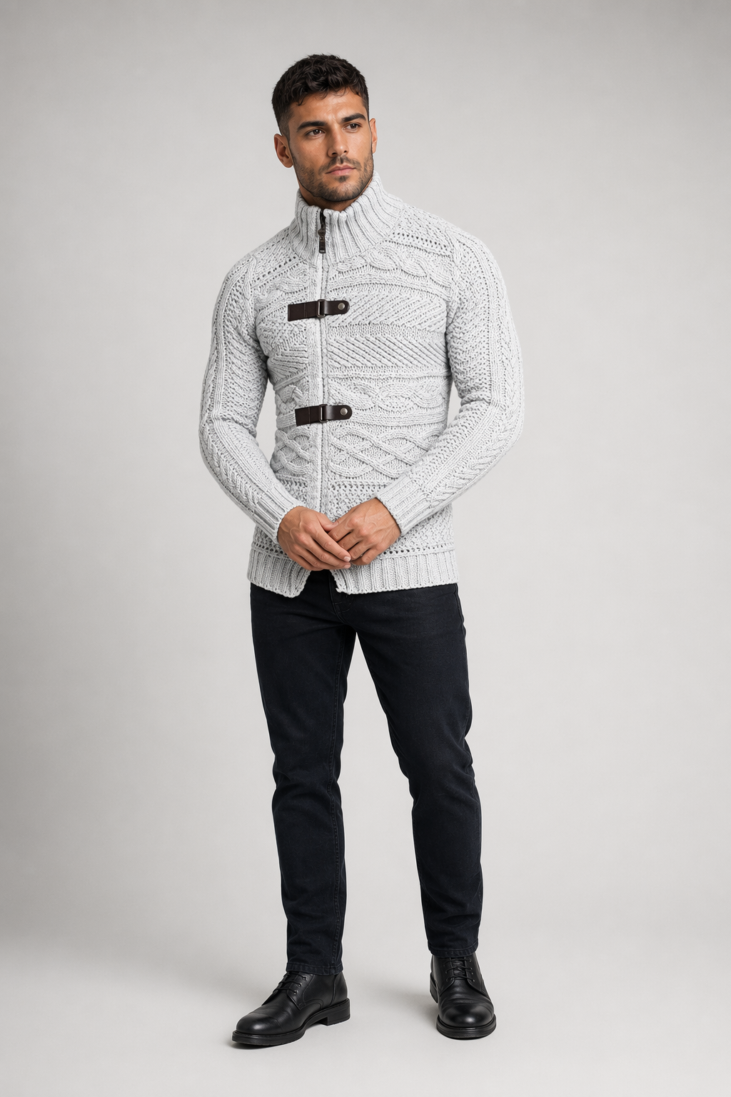 Slim Fit High Collar Men's Cardigan Light Gray