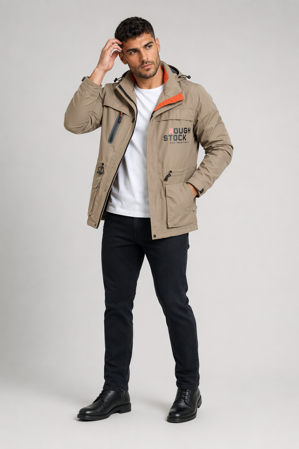 Windproof Hooded Men's Jacket with Detachable Hood Khaki